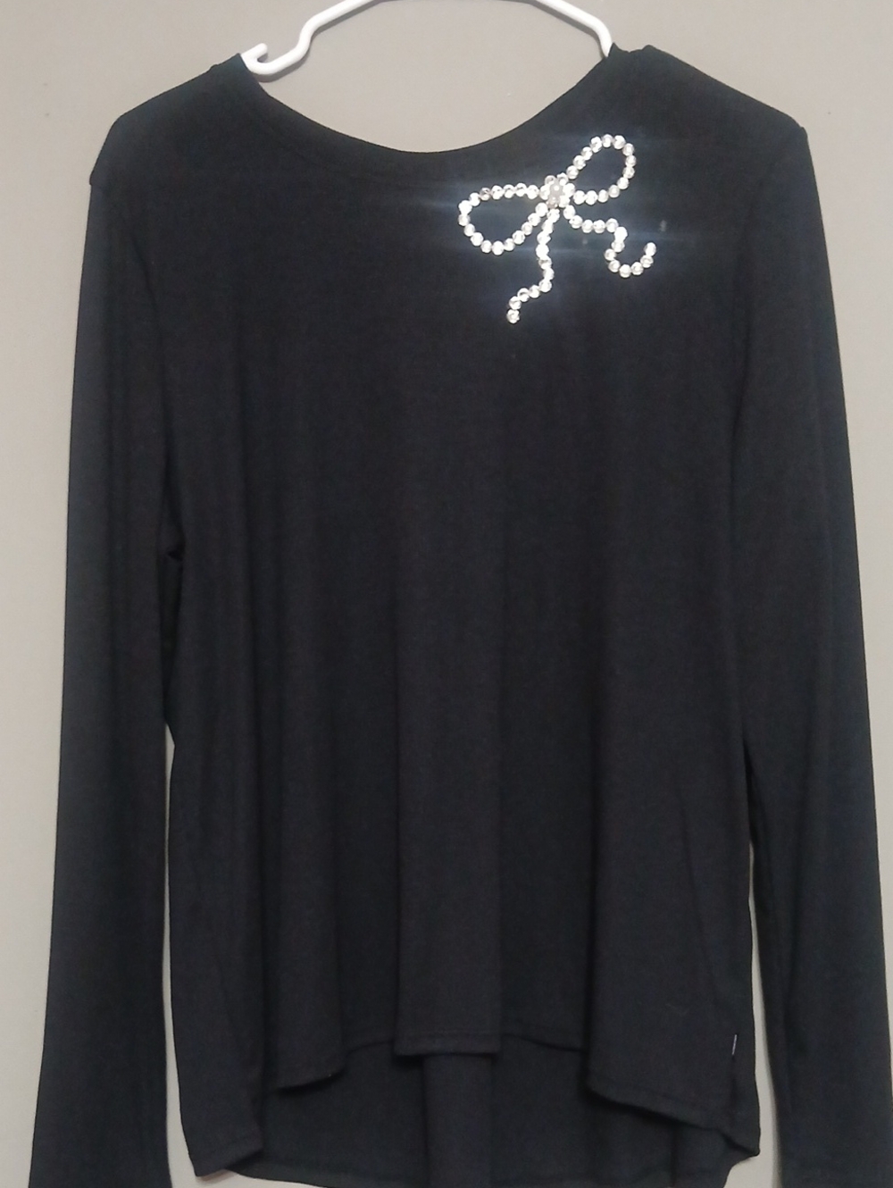 Mondetta Black Long Sleeve Top with Rhinestone Bow Accent